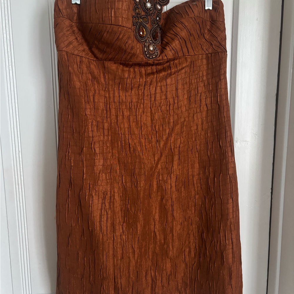 Boston Proper Copper Halter Dress with Embellished Neckline